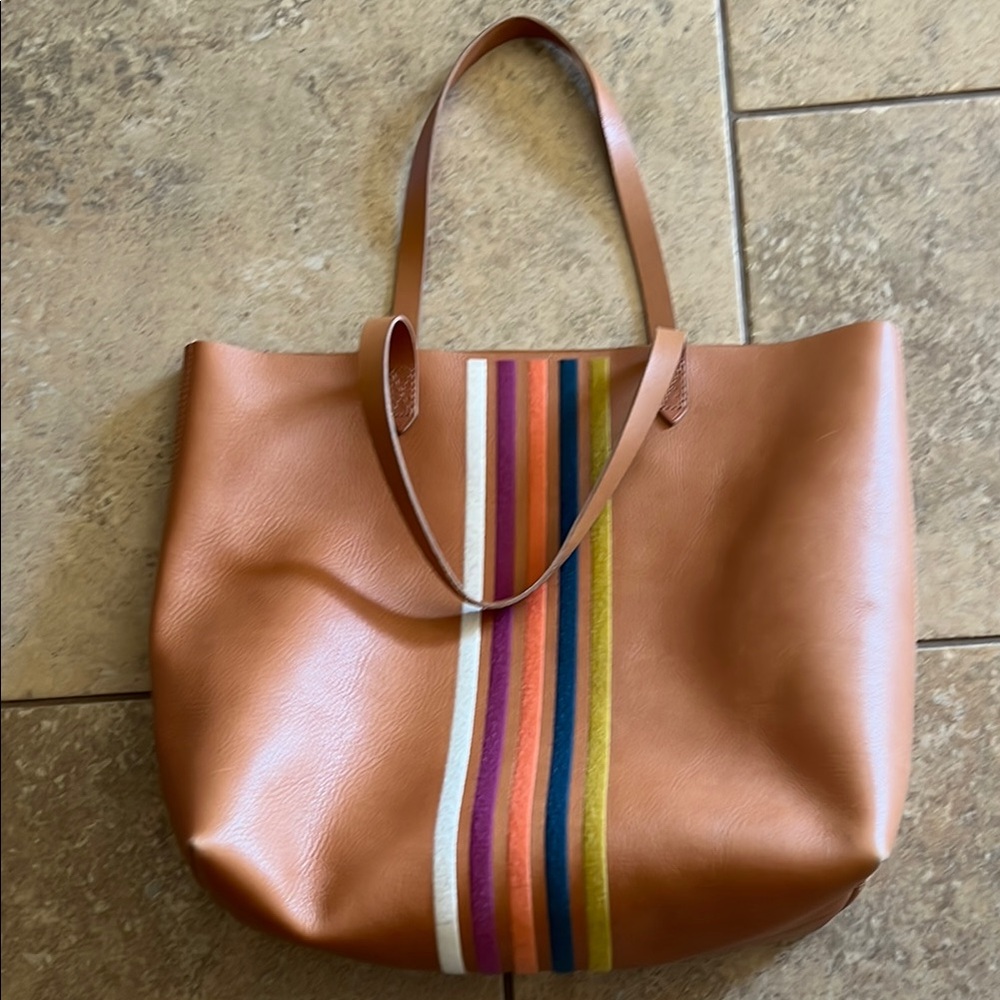 Madewell Brown Leather Tote with Vibrant Stripe